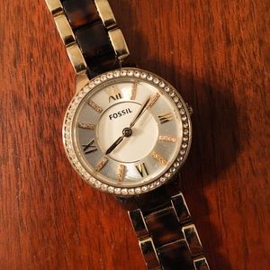 Fossil watch w/ pearl face, tortoise & gold strap